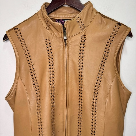 Peck and Peck Tan Brown Genuine Leather Sweater Back Vest Full Zip Closure Large - Picture 11 of 11